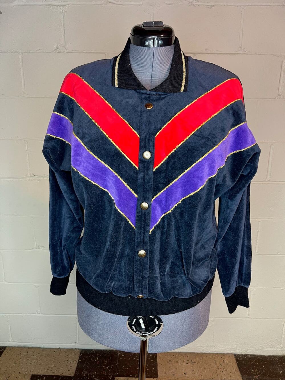 polo shirt velour chevron 1980s navy red purple gold shoulder pads